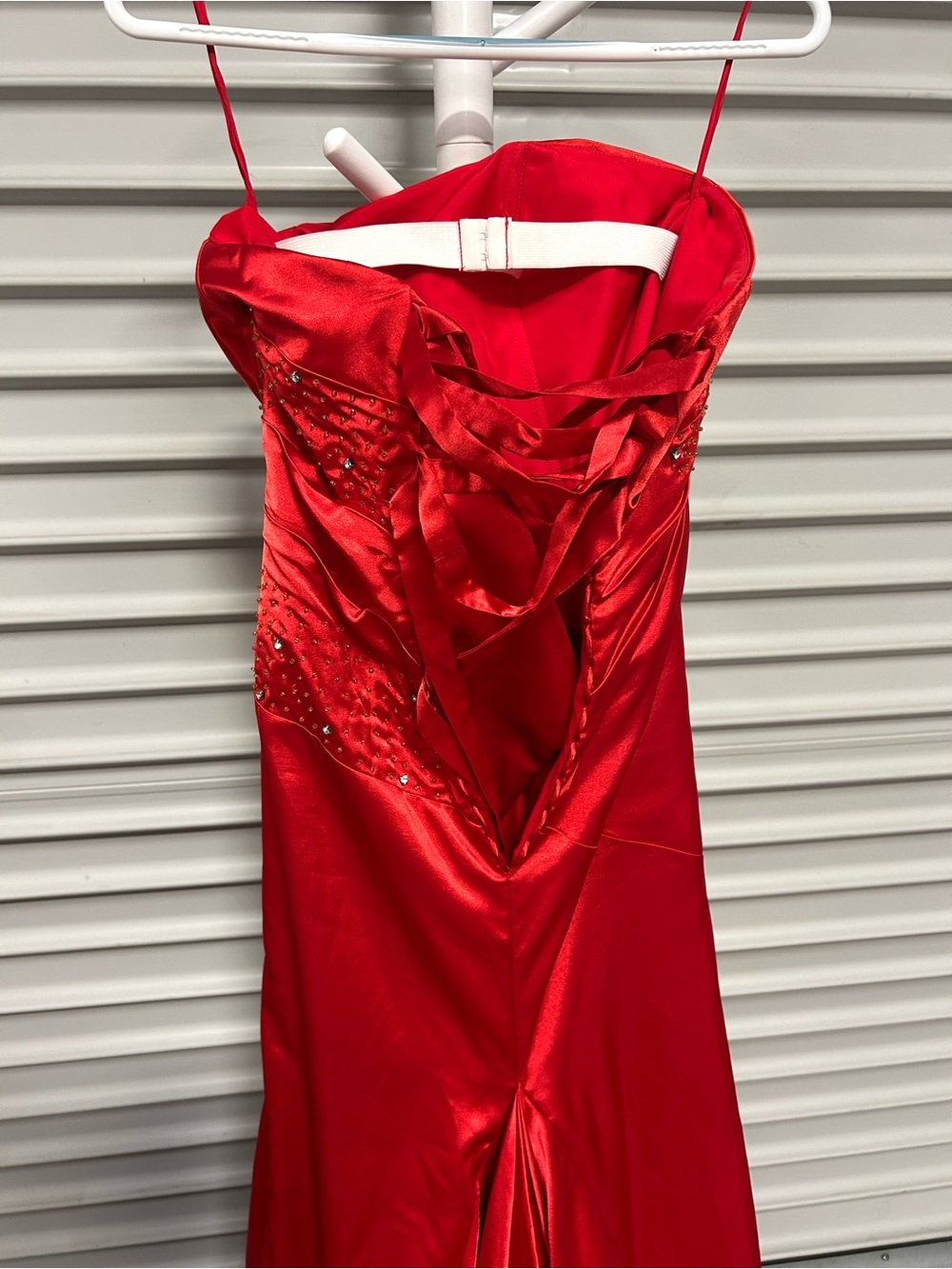 Red Satin Strapless Formal Gown Beaded Bodice Ruched Maxi Dress Prom Evening M - Picture 5 of 8